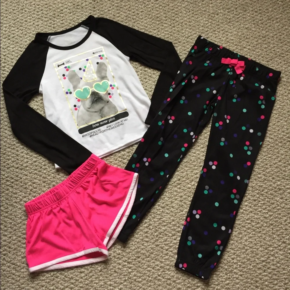 Girls 3 Piece Pajama Set Black Dot‎ Pants Pink Shorts Dog Top Outfit NWT
